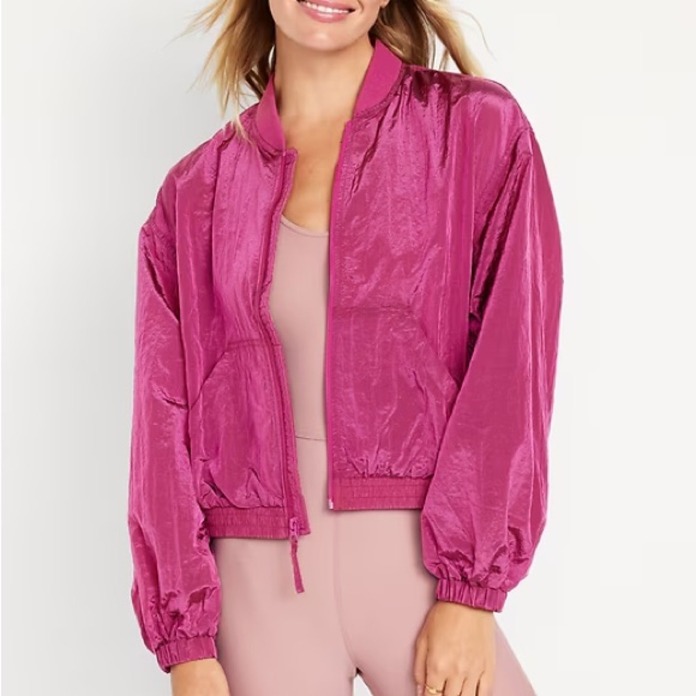 Old Navy Women XL Flamingo Magenta Lightweight Crop Nylon Windbreaker Jacket NWT